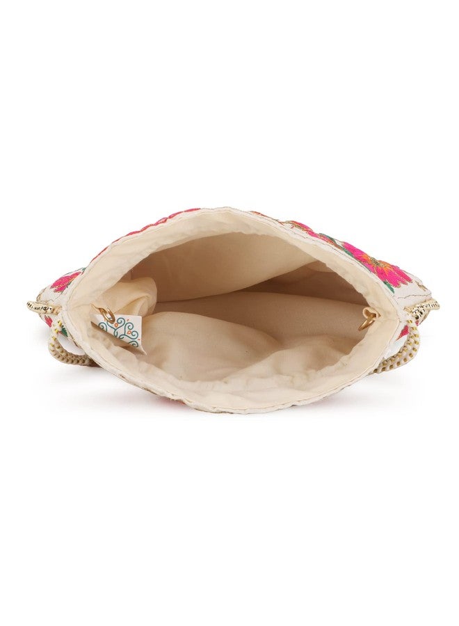 Anekaant Dangle Cream Floral Embroidered Faux Silk Potli - Image 4